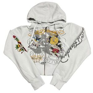 Y2K Ed Hardy White Cropped Zip Hoodie
